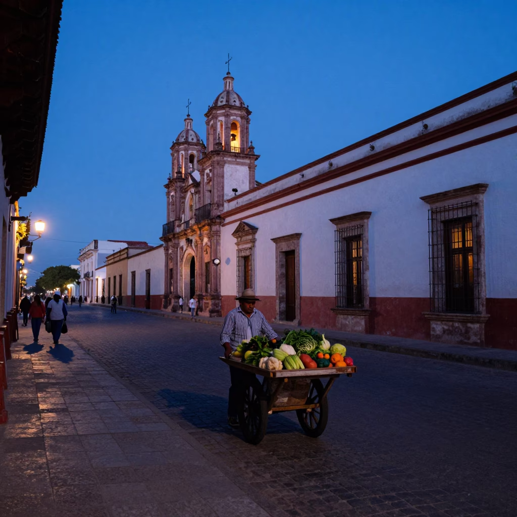 Pre-dawn street scene in Oaxaca Mexico with colonial architecture and local vendors in in Oaxaca, Mexico