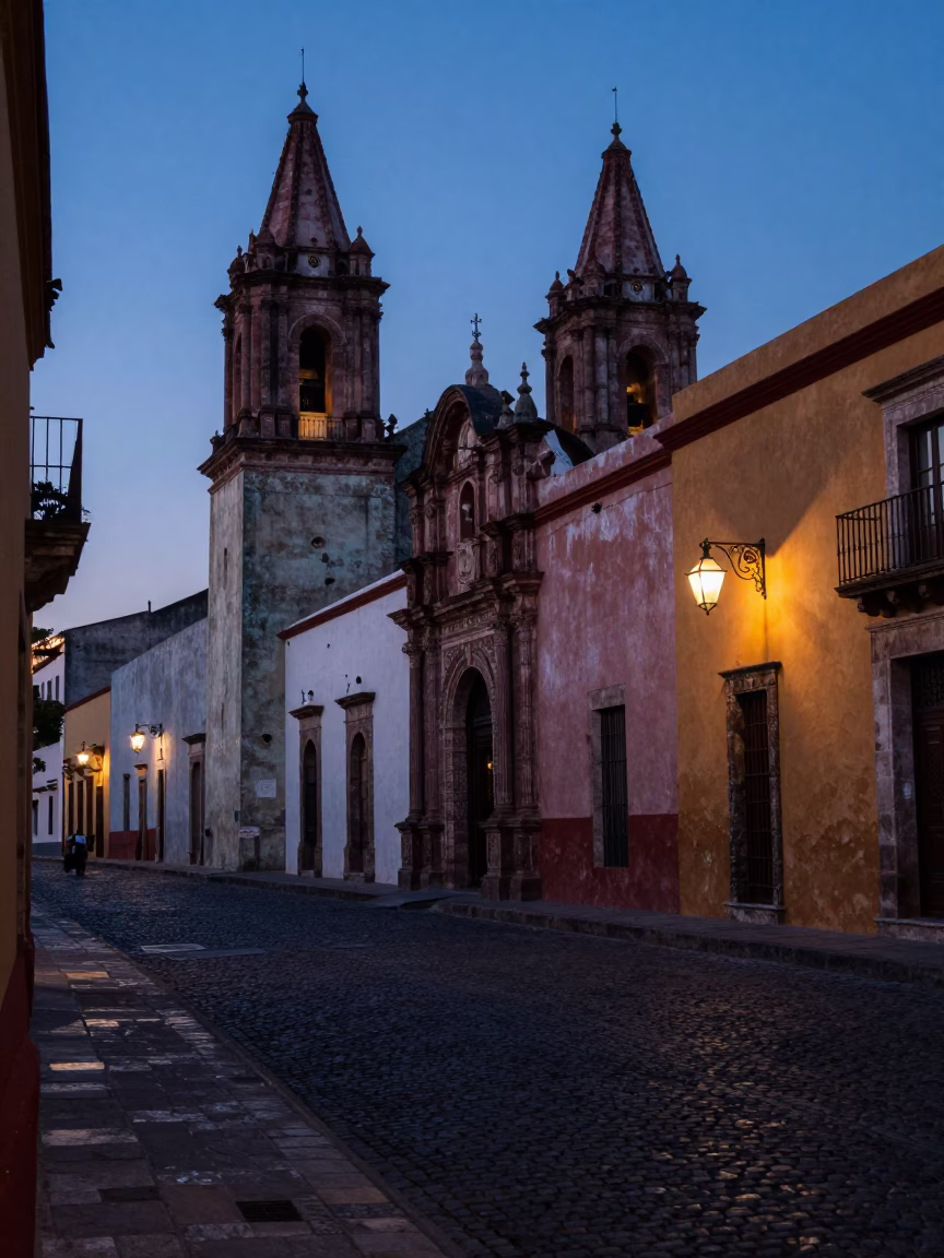 Pre-dawn street scene in Oaxaca Mexico with colorful colonial architecture and parked motorcycle in in Oaxaca, Mexico