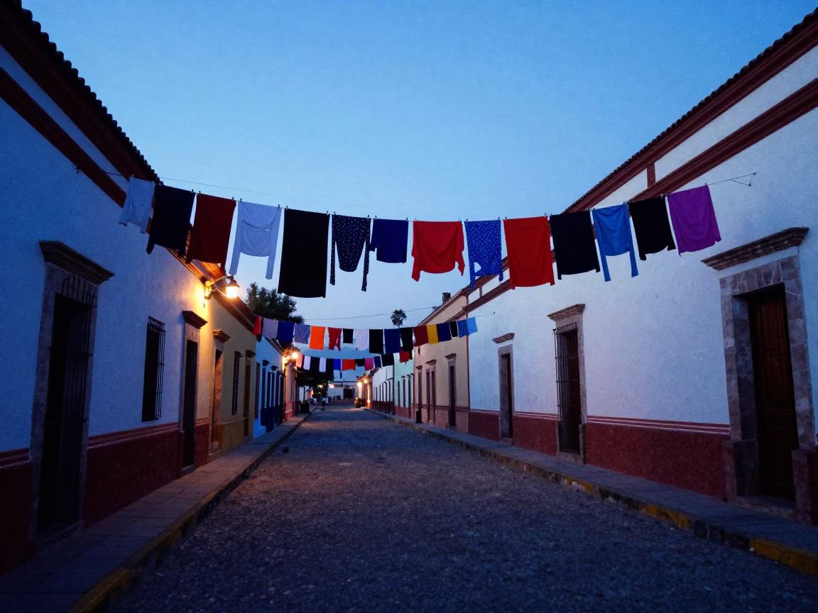 Pre-Dawn Street Scene in Oaxaca Mexico with Colorful Laundry and Local Market Activity in in Oaxaca, Mexico