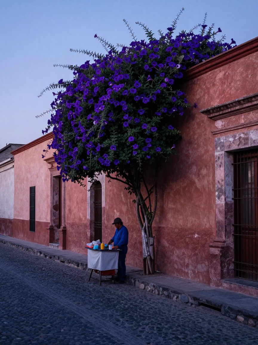 Pre-dawn street scene in Oaxaca Mexico with morning glory climbing adobe wall in in Oaxaca, Mexico