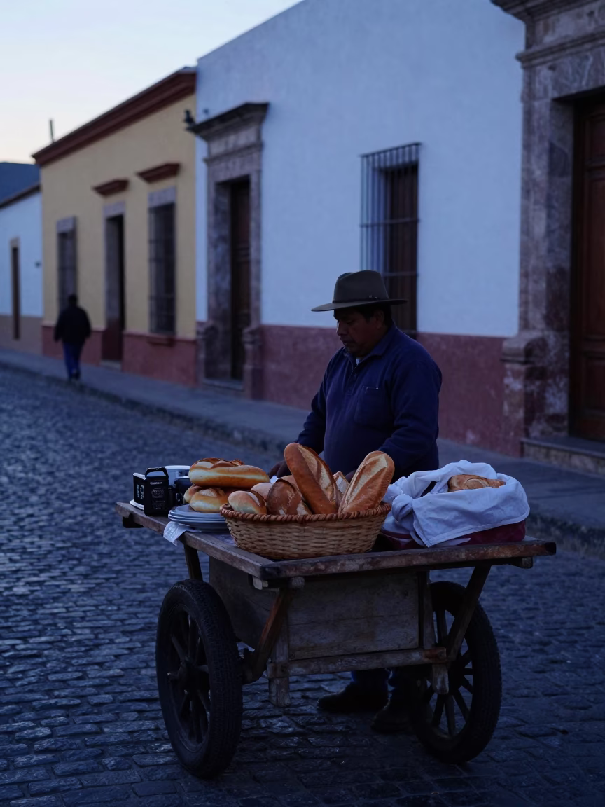 Pre-dawn street scene in Oaxaca Mexico with traditional market vendor preparing fresh bread in in Oaxaca, Mexico