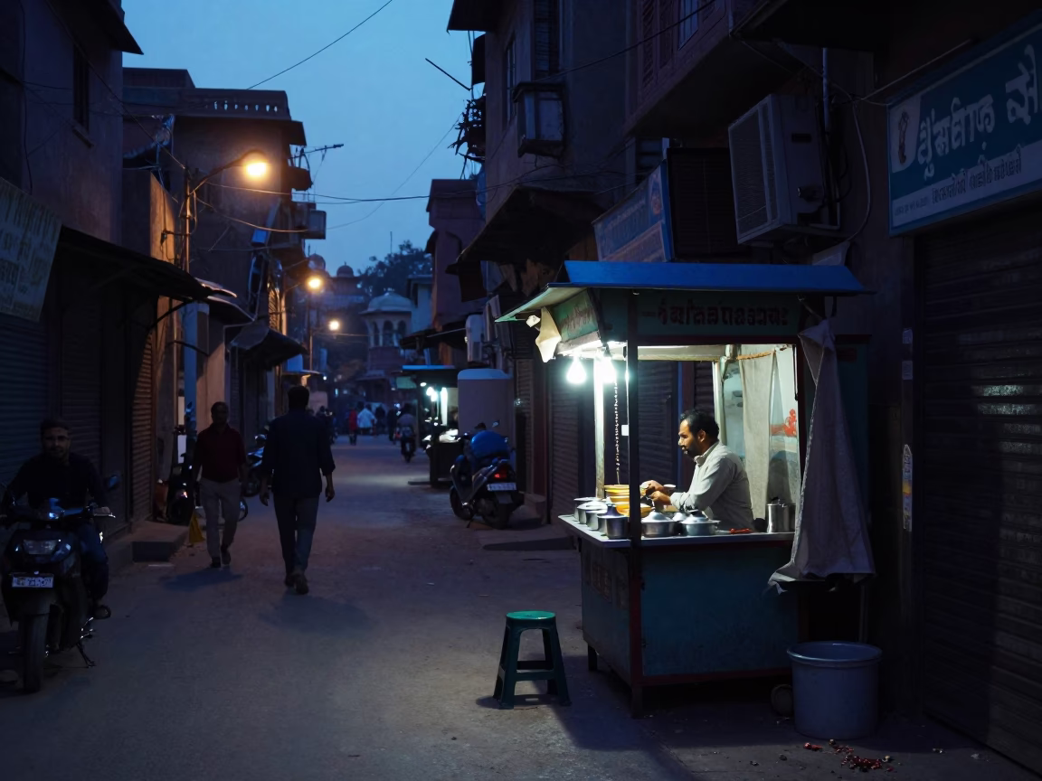 Pre-Dawn Street Scene in Old Delhi India with Linen Napkin and Dip Pen in in Delhi, India