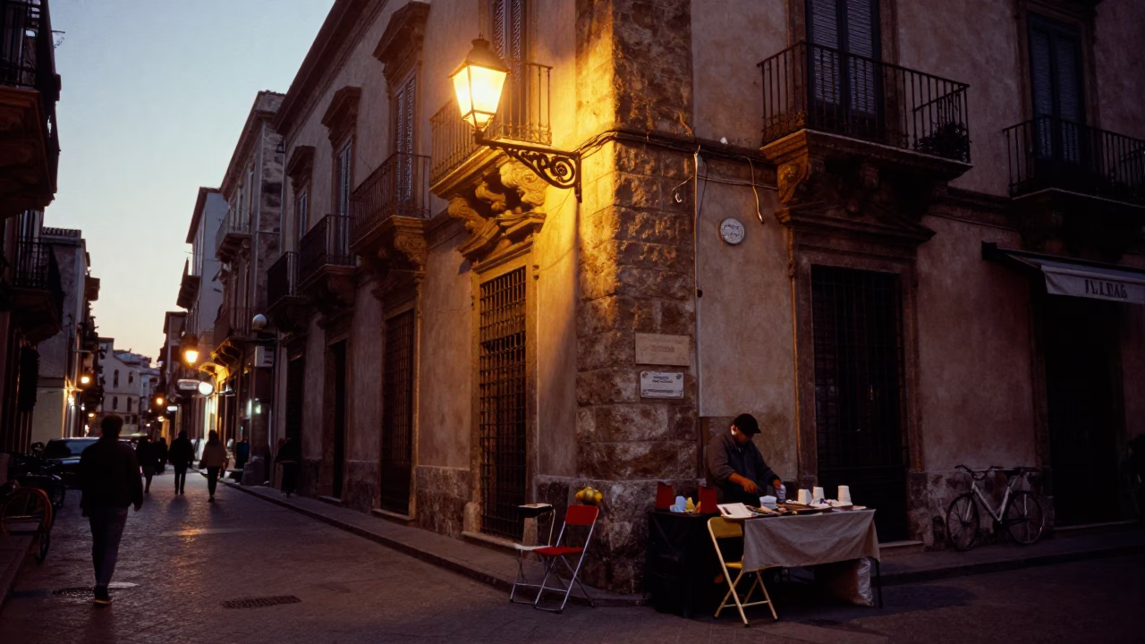Pre-Dawn Street Scene in Palermo Italy with Lantern and Folding Chair in in Palermo, Italy