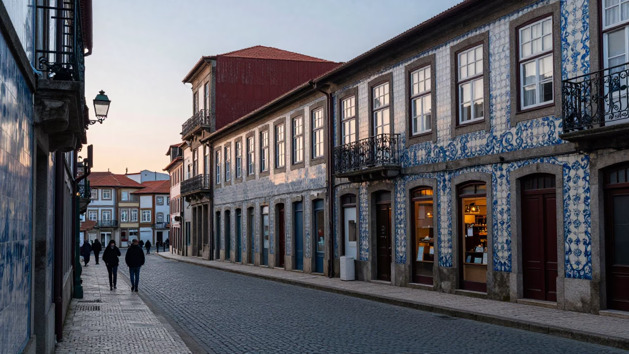 Pre-dawn street scene in Porto Portugal with historic buildings and early morning activity in in Porto, Portugal