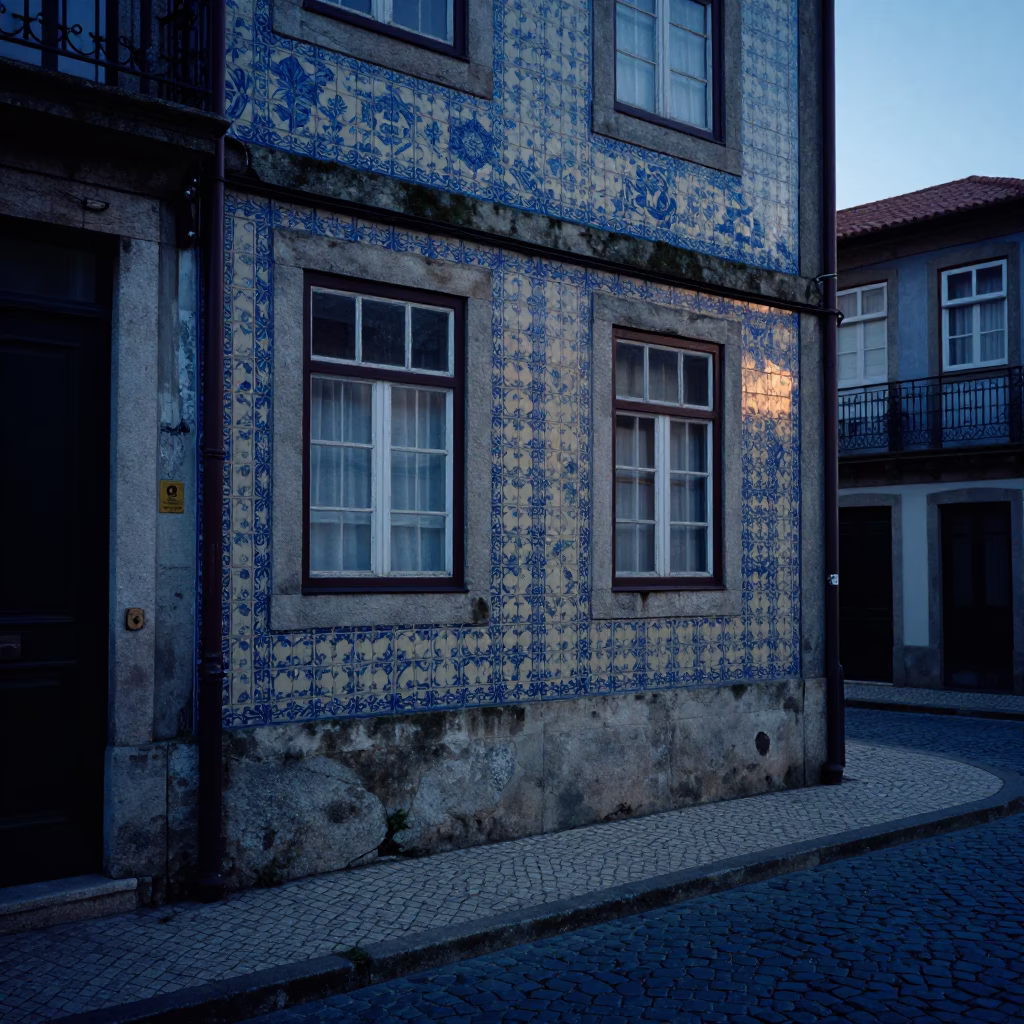 Pre-dawn street scene in Porto Portugal with tiled facade and quiet morning light in in Porto, Portugal
