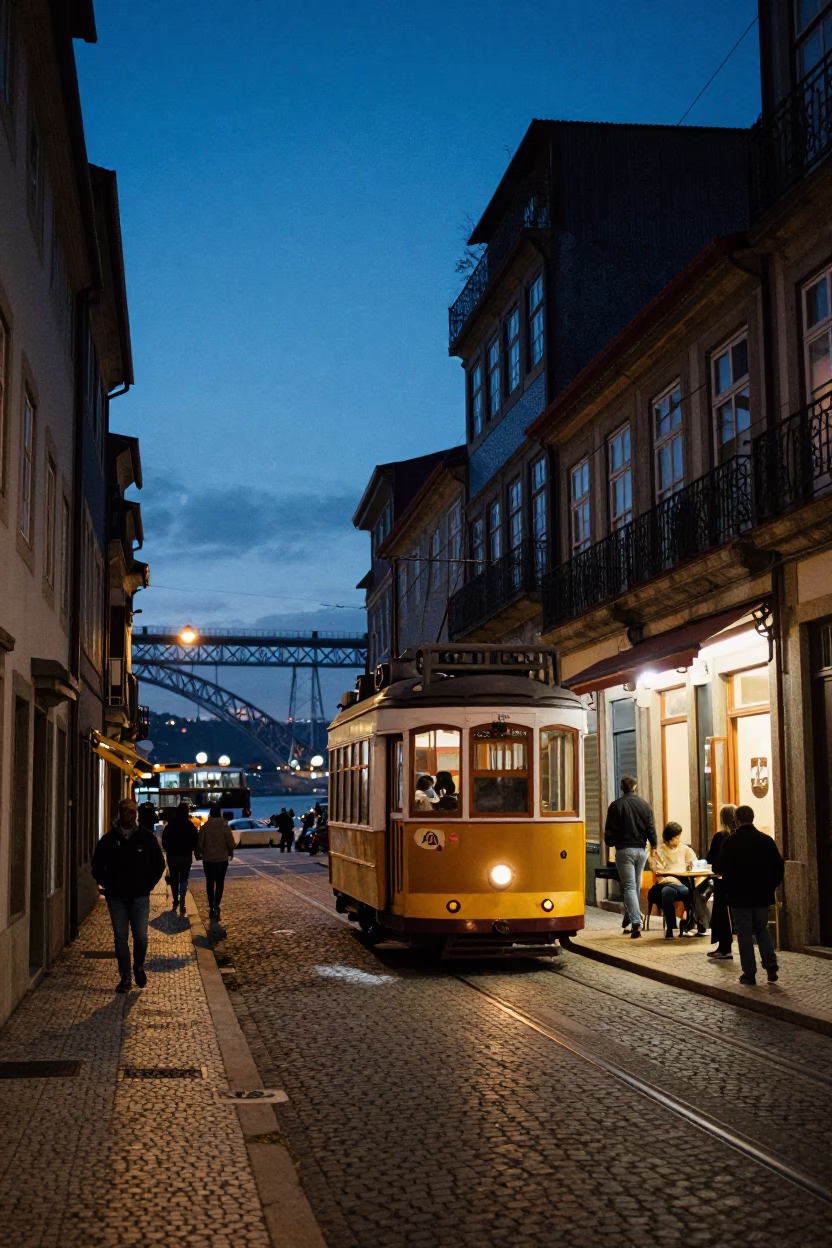Pre-Dawn Street Scene in Porto Portugal with Tram and Coffee Shop in in Porto, Portugal