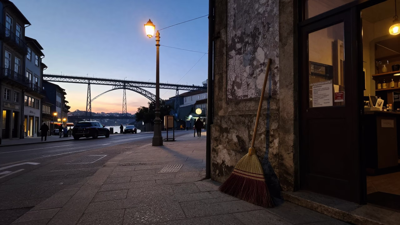 Pre-Dawn Street Scene in Porto Portugal with Vintage Broom and Cable-Stayed Bridge in in Porto, Portugal