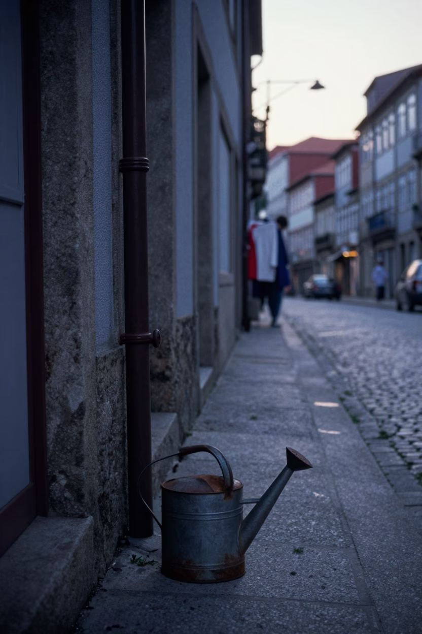 Pre-Dawn Street Scene in Porto Portugal with Watering Can and Drying Towels in in Porto, Portugal
