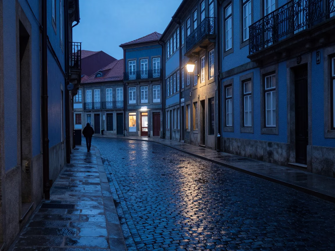 Pre-dawn street scene in Porto Portugal with wet cobblestones and historic architecture in in Porto, Portugal