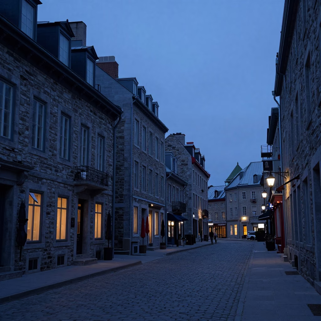 Pre-Dawn Street Scene in Quebec City with Umbrellas and Scarf in in Quebec City, Quebec, Canada