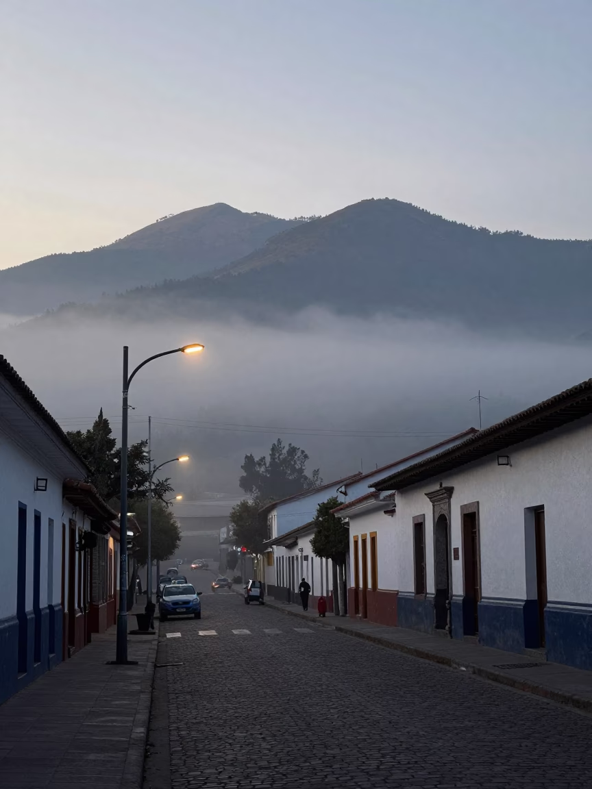 Pre-dawn street scene in Quito Ecuador with misty Andes mountains and local architecture in in Quito, Ecuador