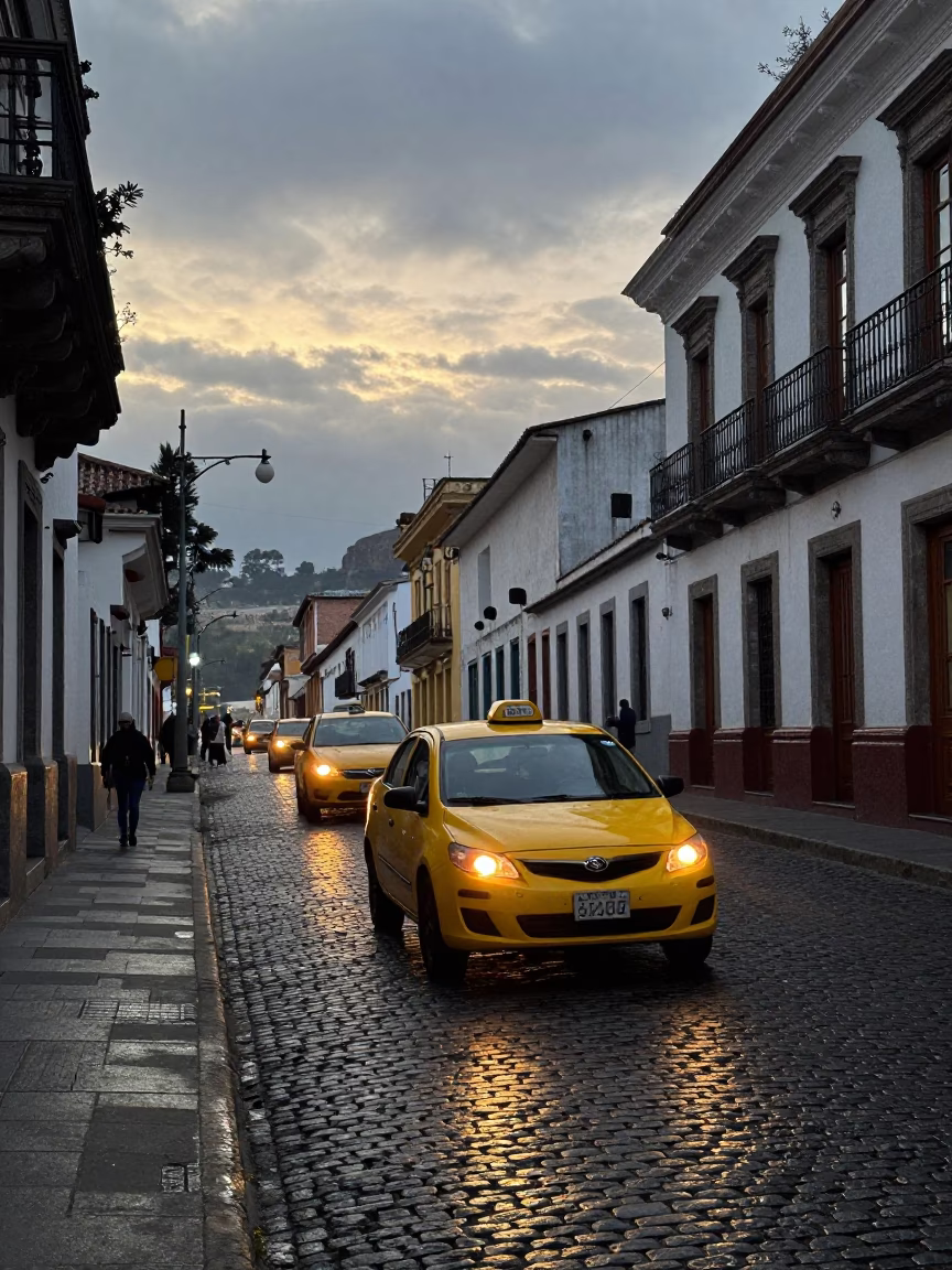 Pre-dawn street scene in Quito Ecuador with yellow taxi and work stool in in Quito, Ecuador