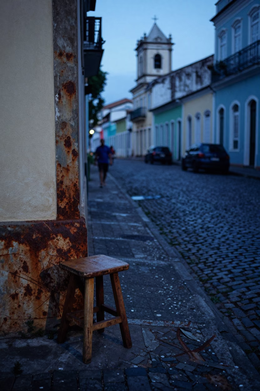 Pre-Dawn Street Scene in Salvador Brazil Featuring Rusty Rail Scratches and Wooden Stool in in Salvador, Brazil