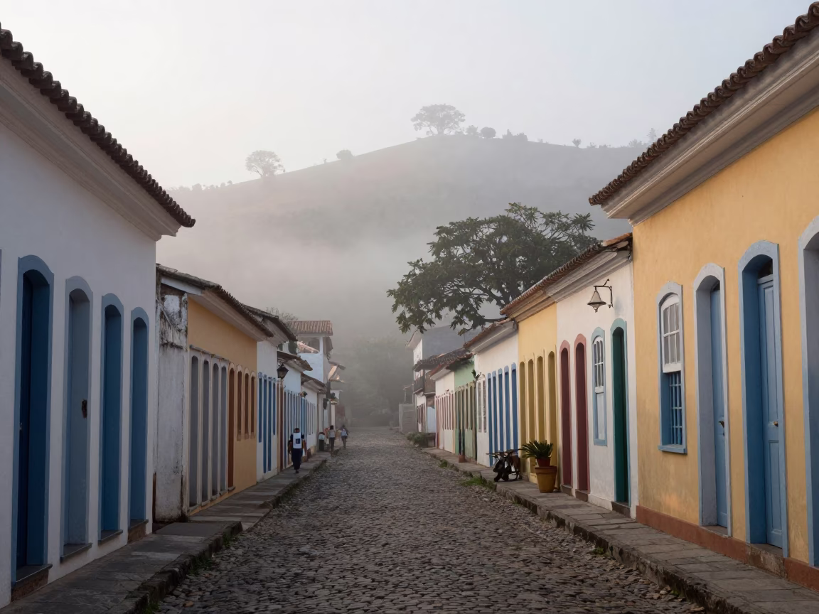 Pre-Dawn Street Scene in Salvador Brazil with Clipboard and Morning Mist in in Salvador, Brazil