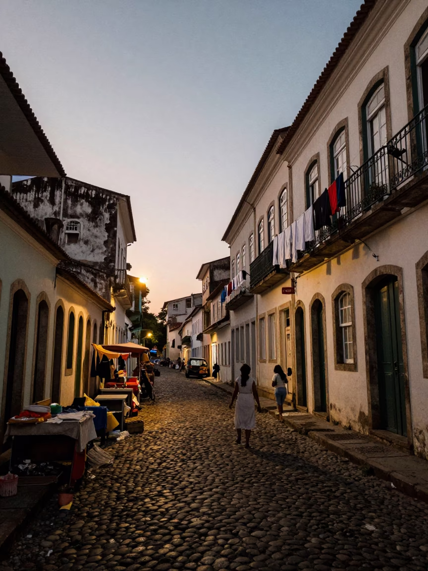 Pre-dawn Street Scene in Salvador Brazil with Laundry and Market Stalls in in Salvador, Brazil