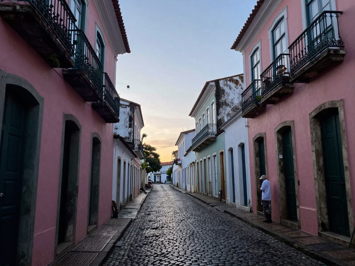 Pre-Dawn Street Scene in Salvador Brazil with Rain-forest Botanist Specimen Jars in in Salvador, Brazil