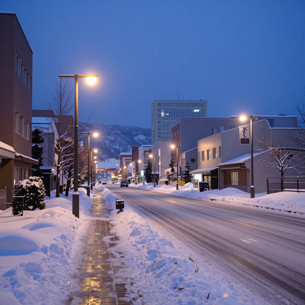 Pre-Dawn Street Scene in Sapporo Japan with Snow and Urban Light in in Sapporo, Japan