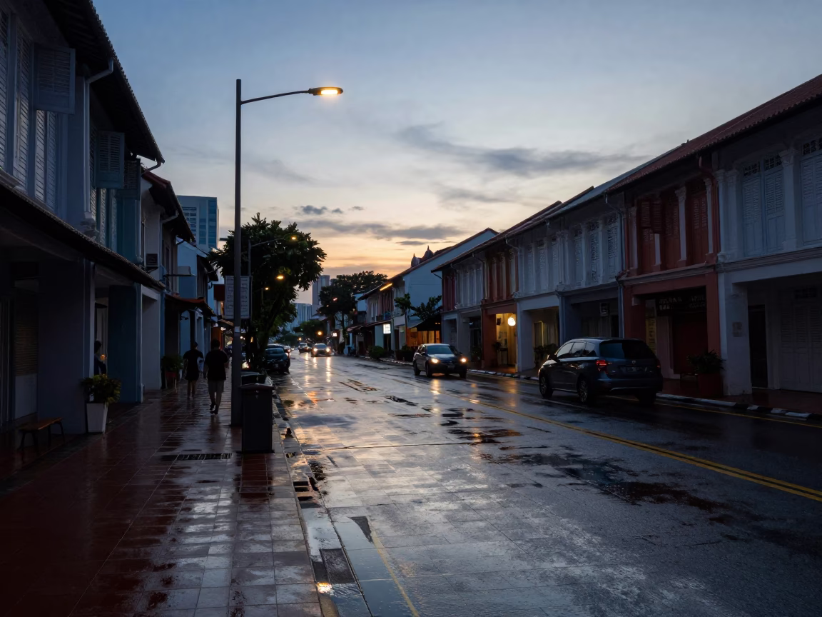 Pre-Dawn Street Scene in Singapore Before Sunrise with Wet Pavement and Urban Stillness in in Singapore, Singapore