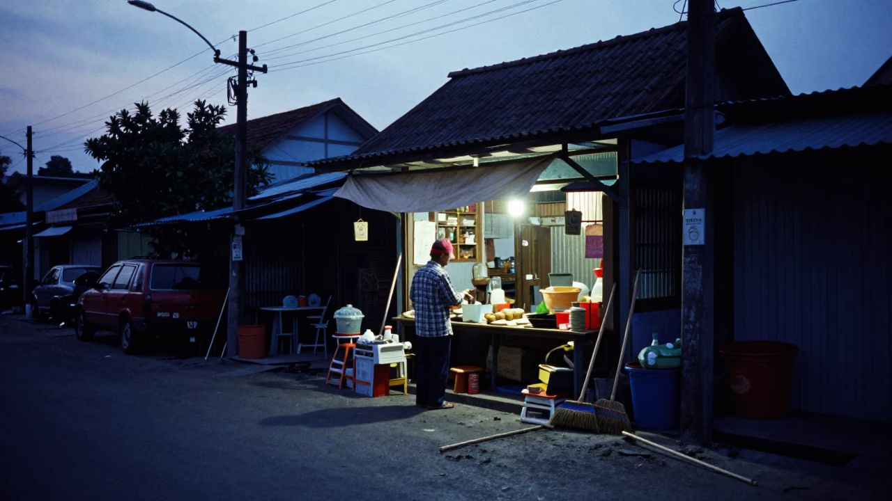 Pre-Dawn Street Scene in Surabaya Indonesia with Brooms and Local Morning Activity in in Surabaya, Indonesia