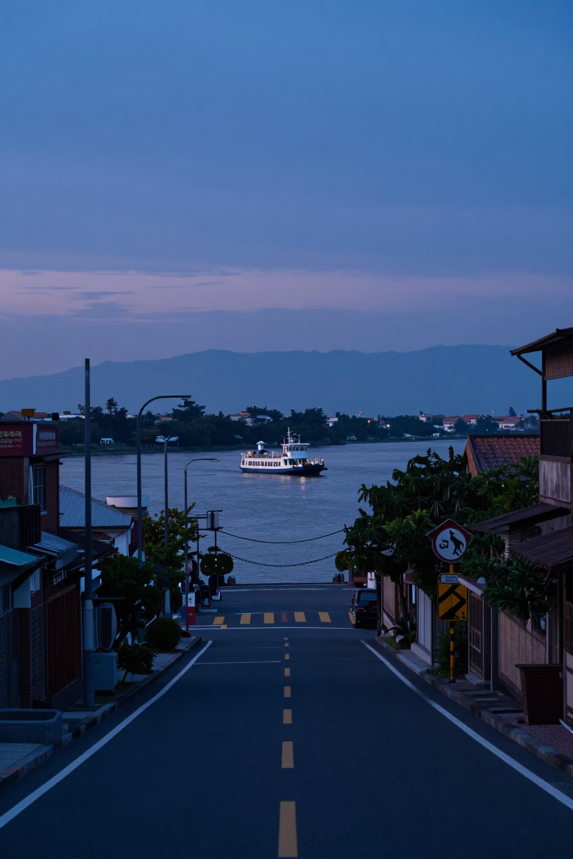 Pre-dawn street scene in Tainan Taiwan with chain ferry crossing river in in Tainan, Taiwan
