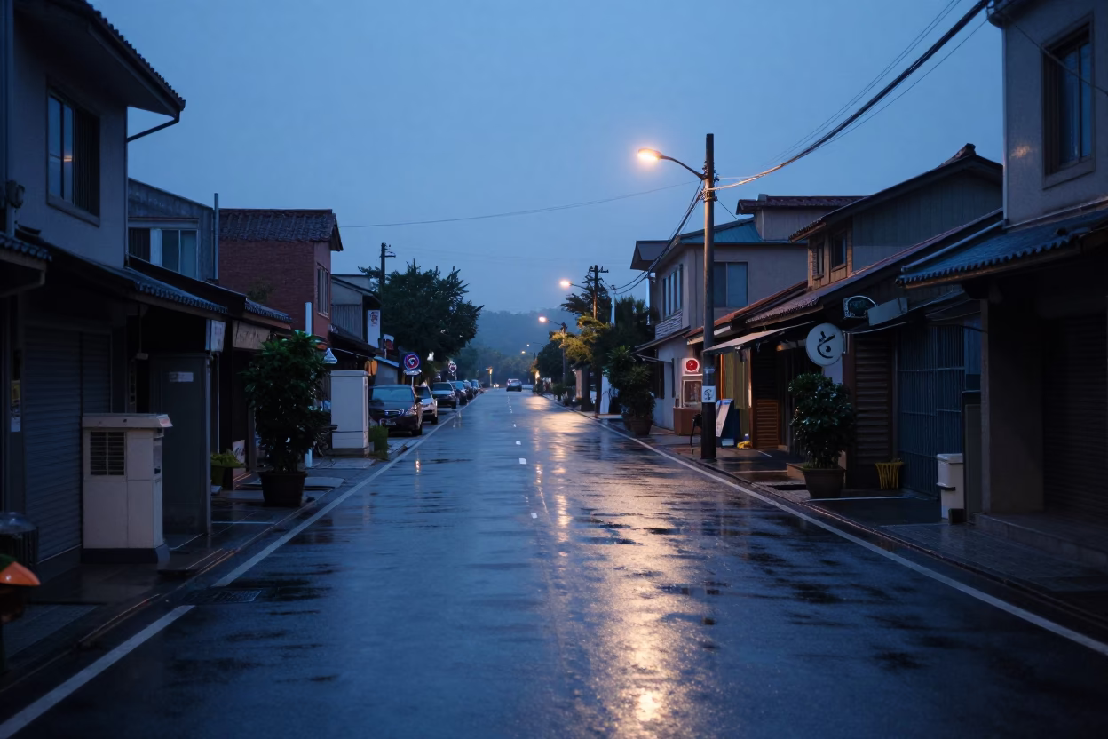 Pre-dawn street scene in Tainan Taiwan with wet pavement and local architecture in in Tainan, Taiwan