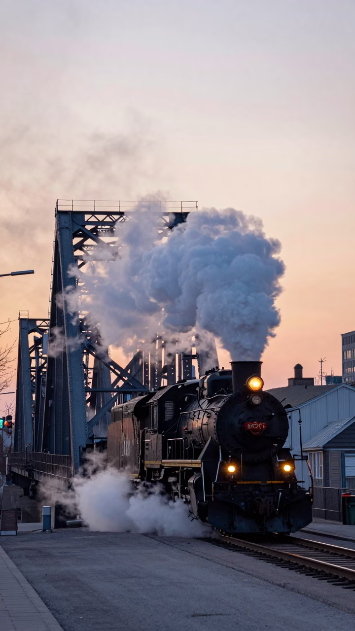 Pre-dawn street scene in Toronto Ontario with steam locomotive crossing bridge in in Toronto, Ontario, Canada