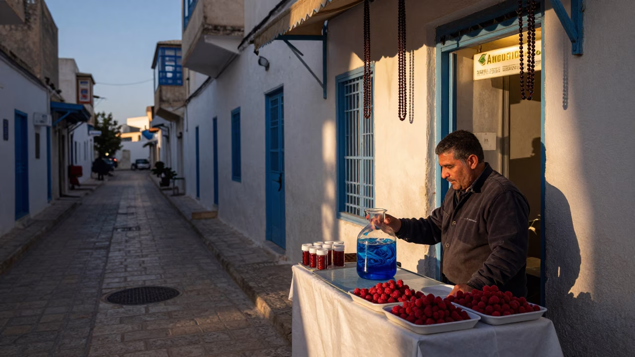 Pre-dawn street scene in Tunis Tunisia with chemist and prayer beads in in Tunis, Tunisia