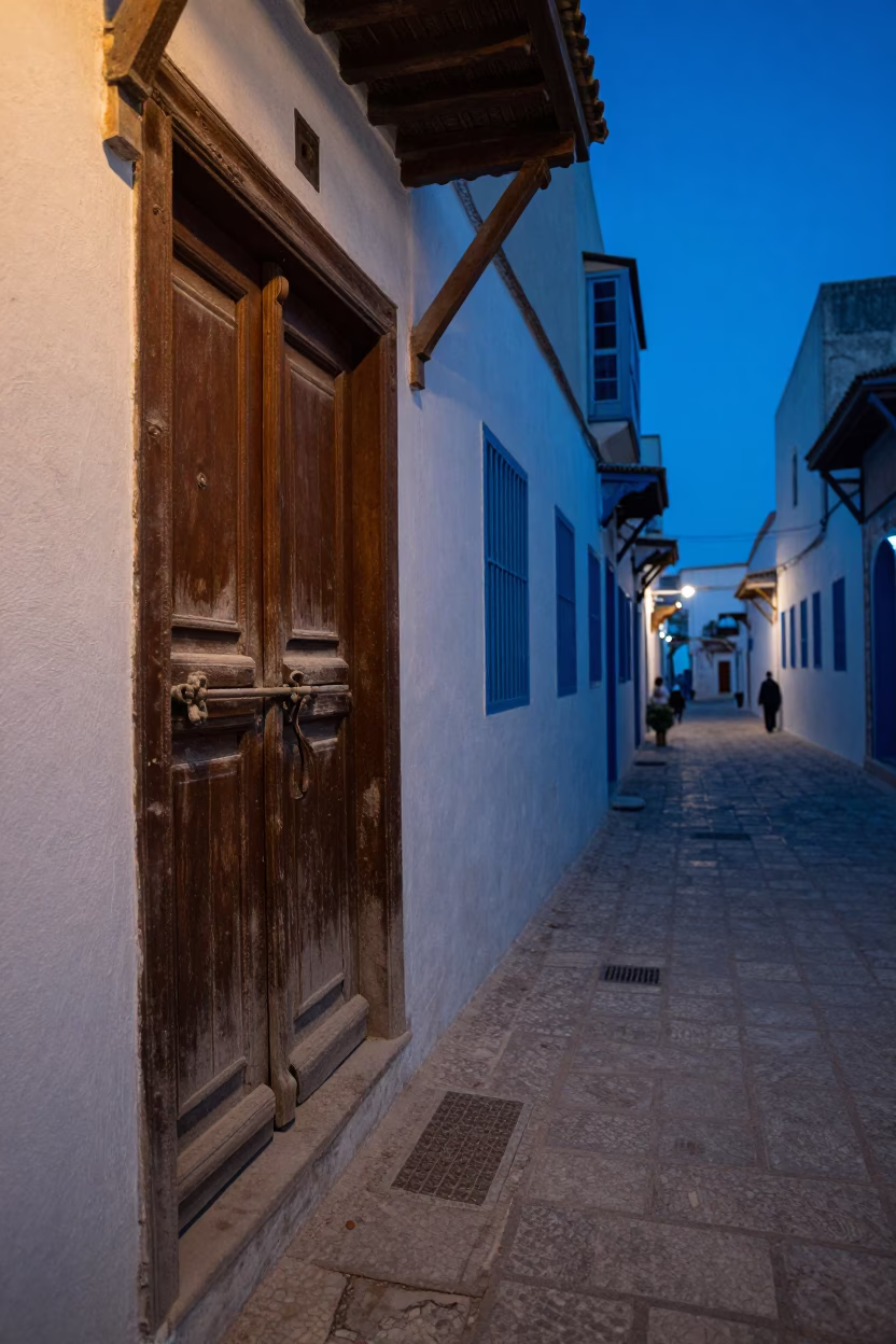 Pre-dawn street scene in Tunis Tunisia with dust on latch and local architecture in in Tunis, Tunisia