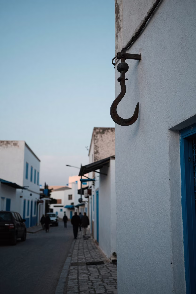 Pre-Dawn Street Scene in Tunis Tunisia with Iron Hook and Steel Frame in in Tunis, Tunisia