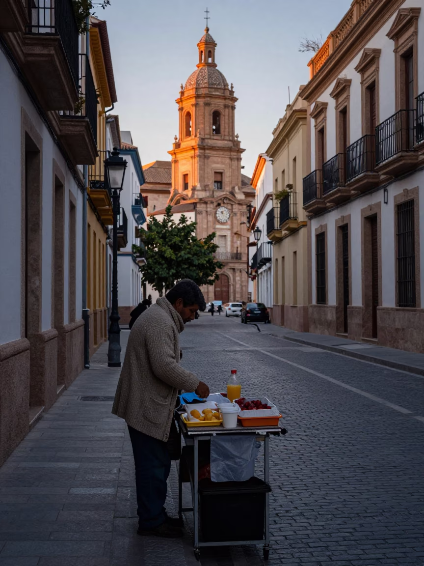 Pre-dawn street scene in Valencia Spain with local vendor and morning routine in in Valencia, Spain