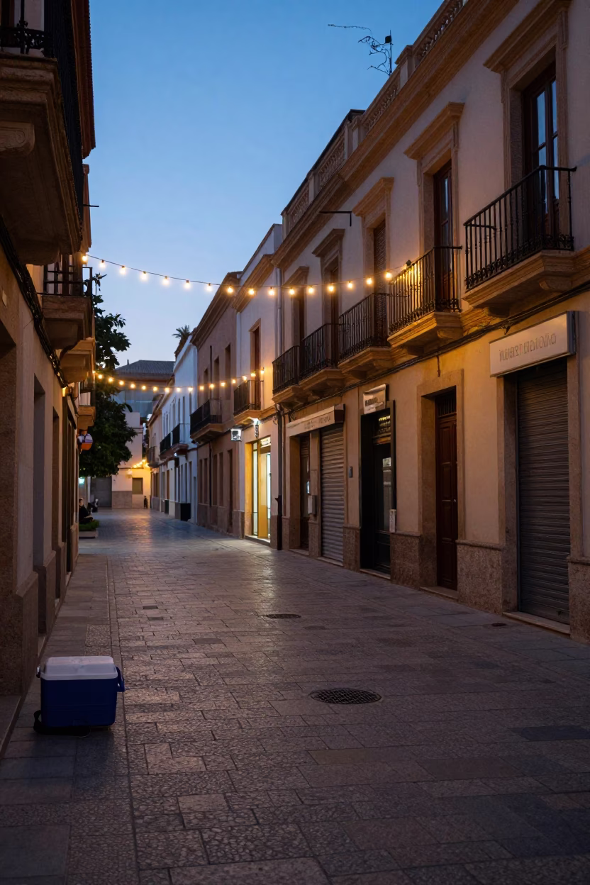 Pre-Dawn Street Scene in Valencia Spain with String Lights and Cooler Jug in in Valencia, Spain