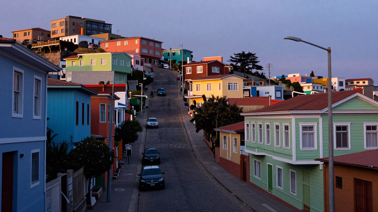 Pre-dawn street scene in Valparaiso Chile with colorful hillside houses and morning routine in in Valparaiso, Chile