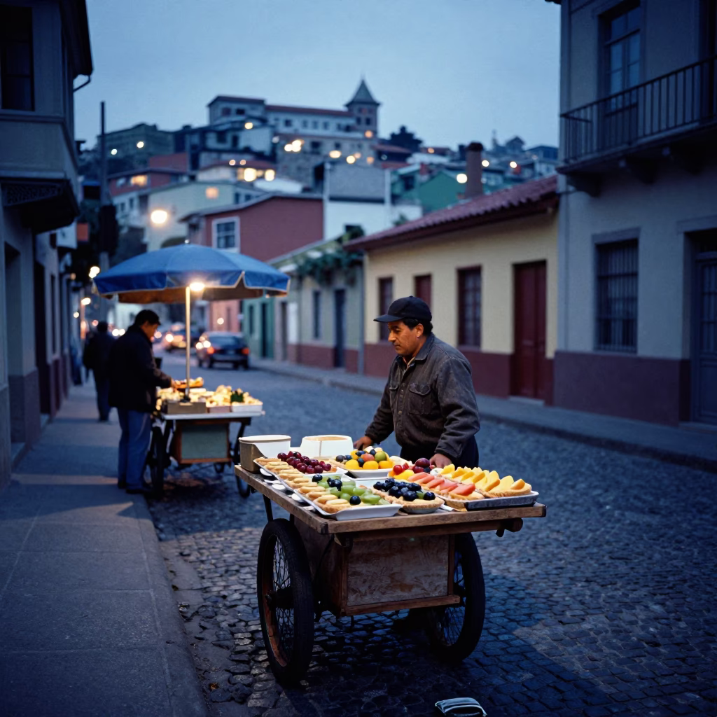 Pre-dawn street scene in Valparaiso Chile with local vendors and vintage urban details in in Valparaiso, Chile