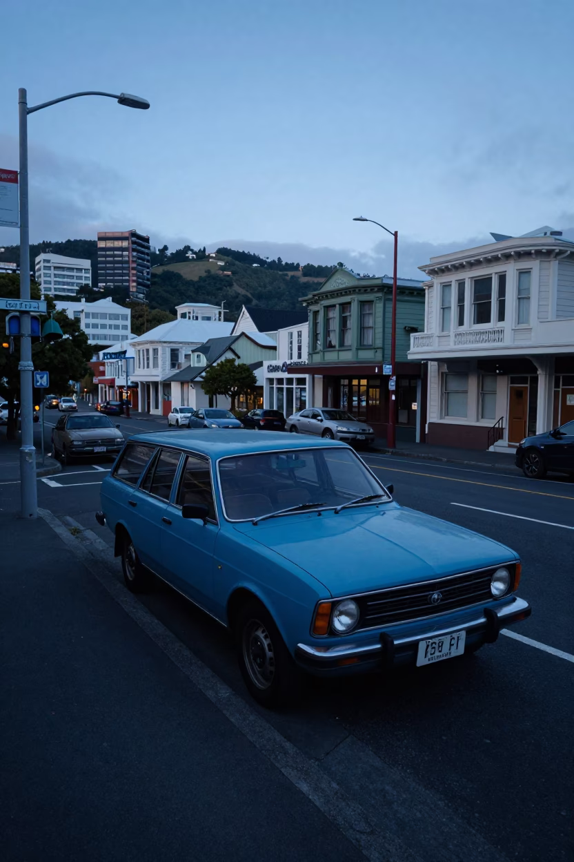 Pre-dawn street scene in Wellington New Zealand with vintage 1980s aesthetic in in Wellington, New Zealand