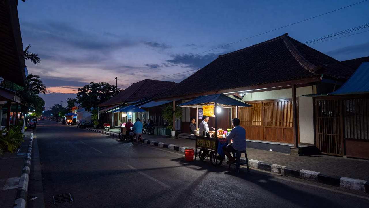 Pre-dawn street scene in Yogyakarta Indonesia with traditional coffee vendor and morning commuters in in Yogyakarta, Indonesia