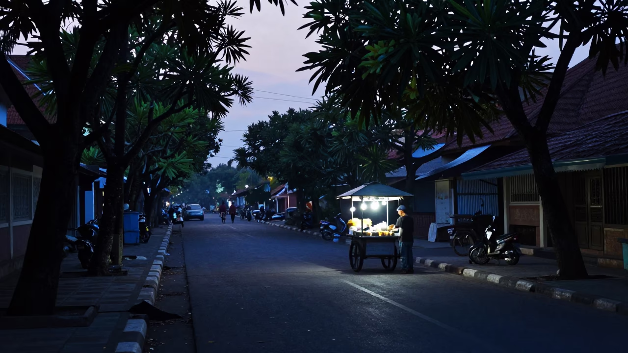 Pre-dawn street scene in Yogyakarta Indonesia with traditional food vendor and morning light in in Yogyakarta, Indonesia
