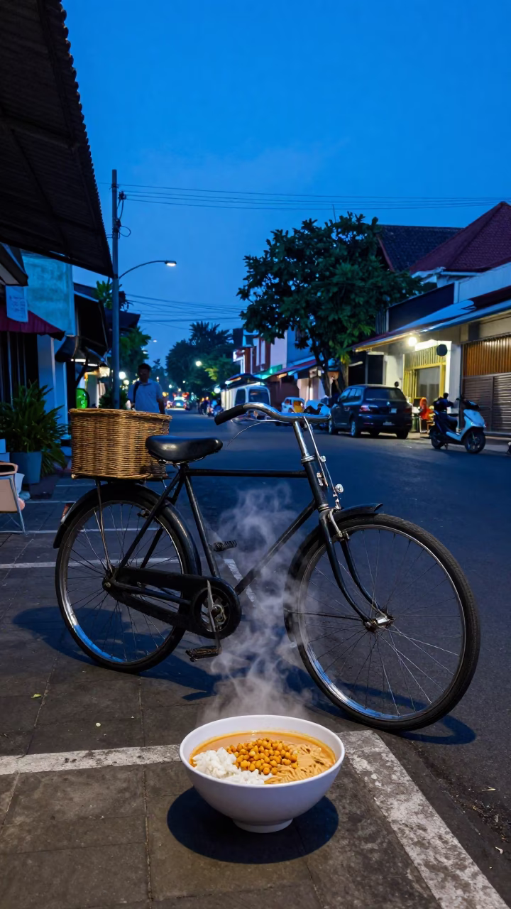 Pre-dawn street scene in Yogyakarta Indonesia with vintage bicycle and local morning activity in in Yogyakarta, Indonesia