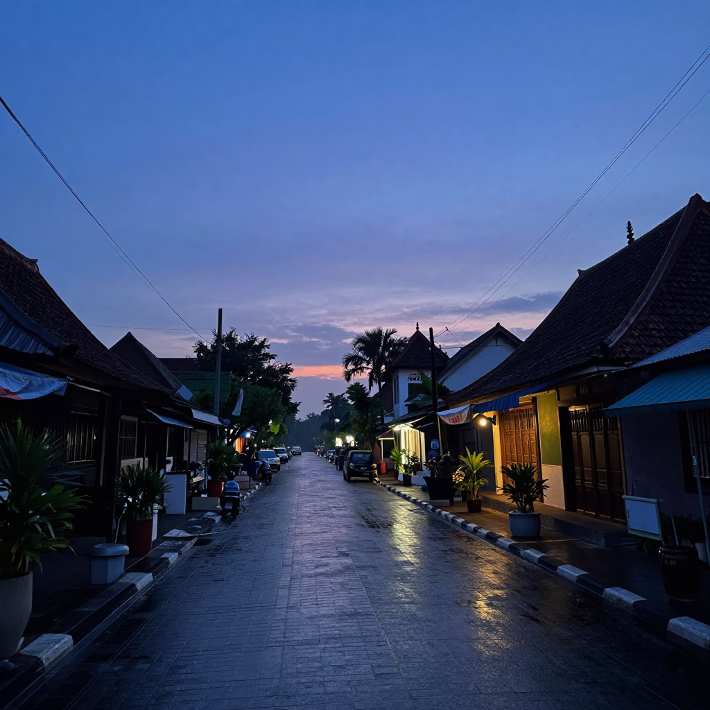 Pre-dawn street scene in Yogyakarta Indonesia with wet pavement and morning market stalls in in Yogyakarta, Indonesia
