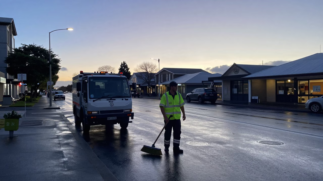 Pre-dawn street sweepers in Christchurch New Zealand with ladle and oysters in in Christchurch, New Zealand