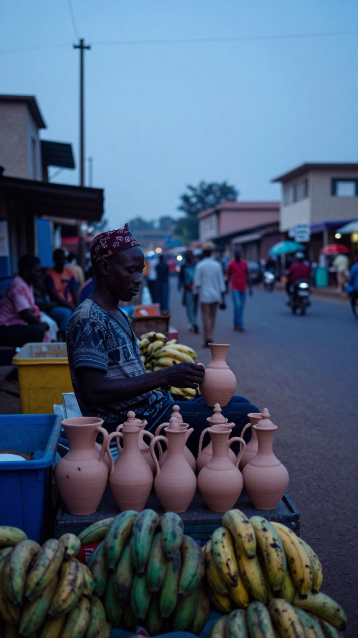 Pre-Dawn Street Vendor in Accra Ghana Selling Ceramic Pitchers and Jars Before Sunrise in in Accra, Ghana