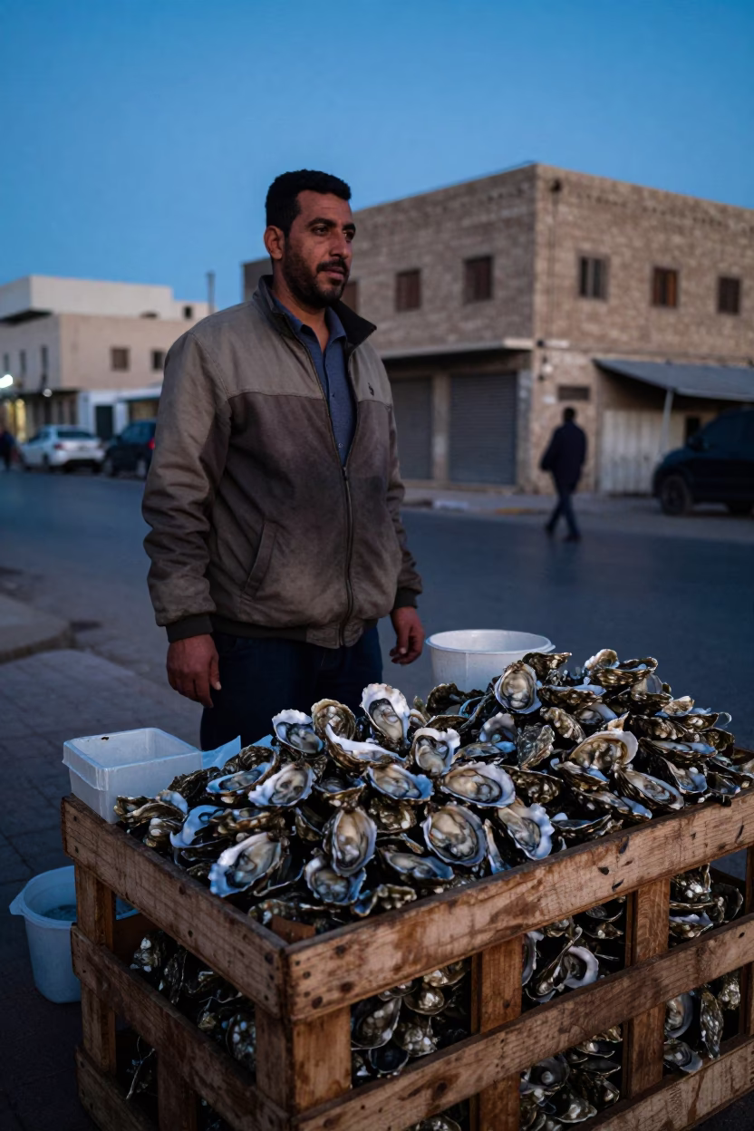 Pre-dawn street vendor in Alexandria Egypt selling oysters from wooden crates in in Alexandria, Egypt