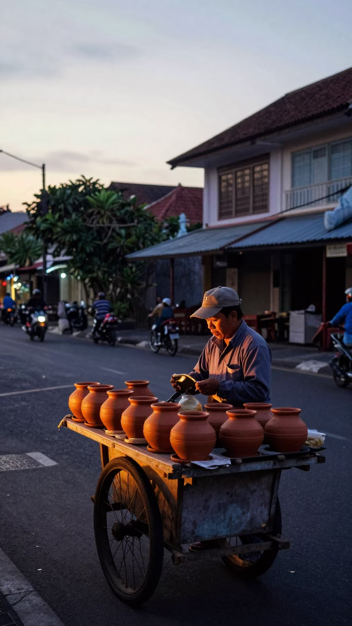 Pre-Dawn Street Vendor in Denpasar Indonesia with Traditional Wares in in Denpasar, Indonesia