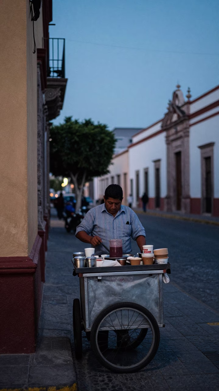 Pre-Dawn Street Vendor in Guadalajara Mexico Serving Horchata and Coffee Before Sunrise in in Guadalajara, Mexico