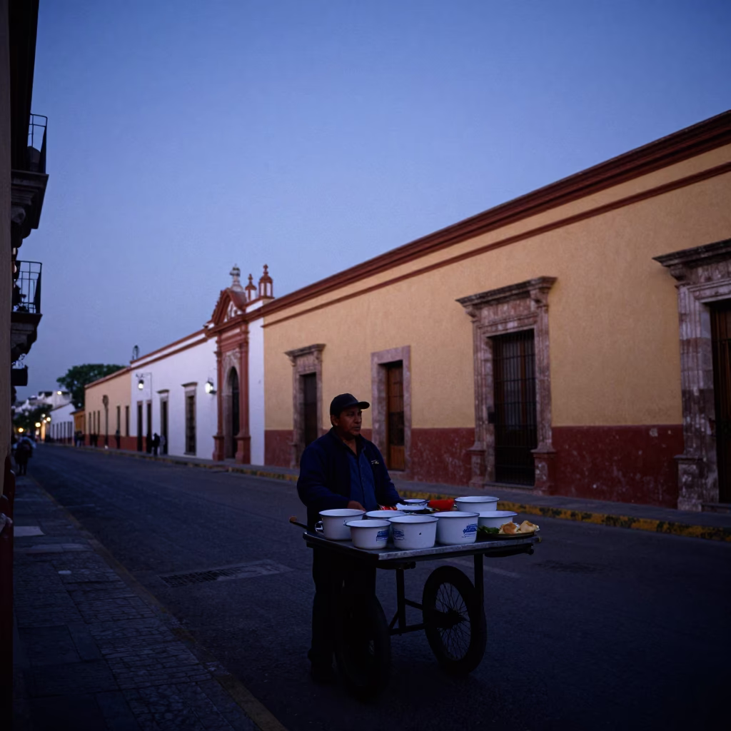 Pre-dawn Street Vendor in Guadalajara Mexico with Enamel Bowls and Morning Mist in in Guadalajara, Mexico