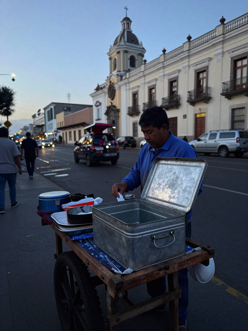 Pre-Dawn Street Vendor in Lima Peru with Ashtray and Storage Tin in in Lima, Peru