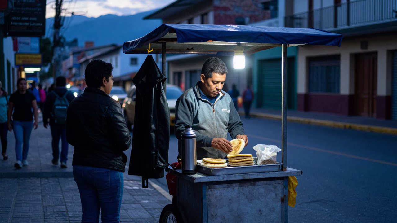 Pre-dawn street vendor in Medellin Colombia with thermos and coat hook details in in Medellin, Colombia