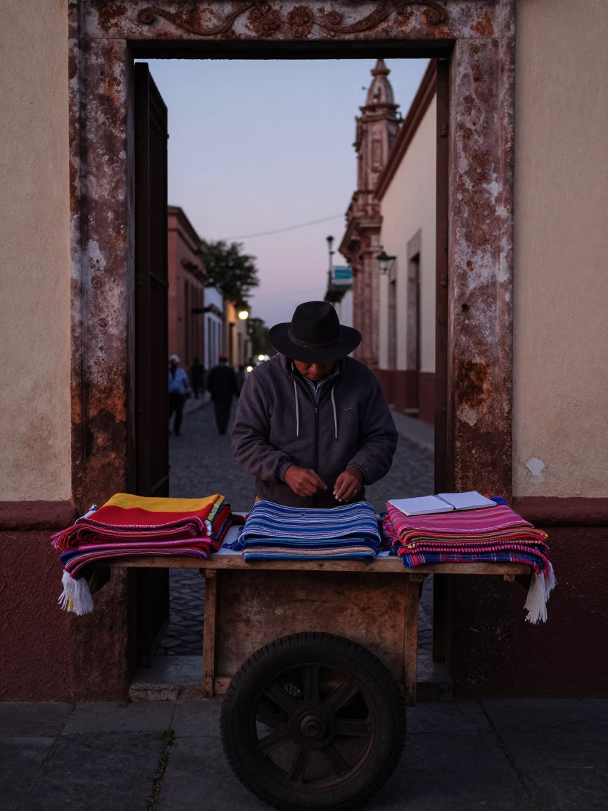 Pre-Dawn Street Vendor in Oaxaca City with Rusty Doorframe and Notebook in in Oaxaca, Mexico