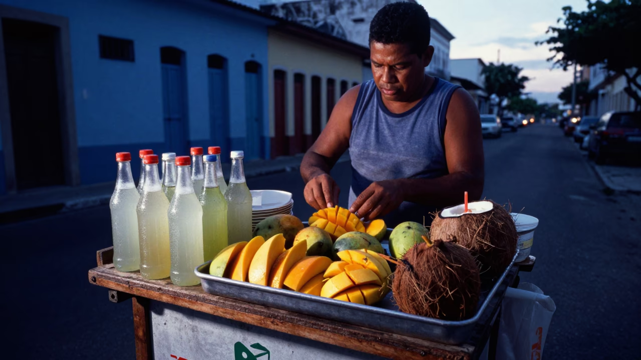 Pre-dawn street vendor in Salvador Brazil preparing fresh tropical fruit snacks in in Salvador, Brazil