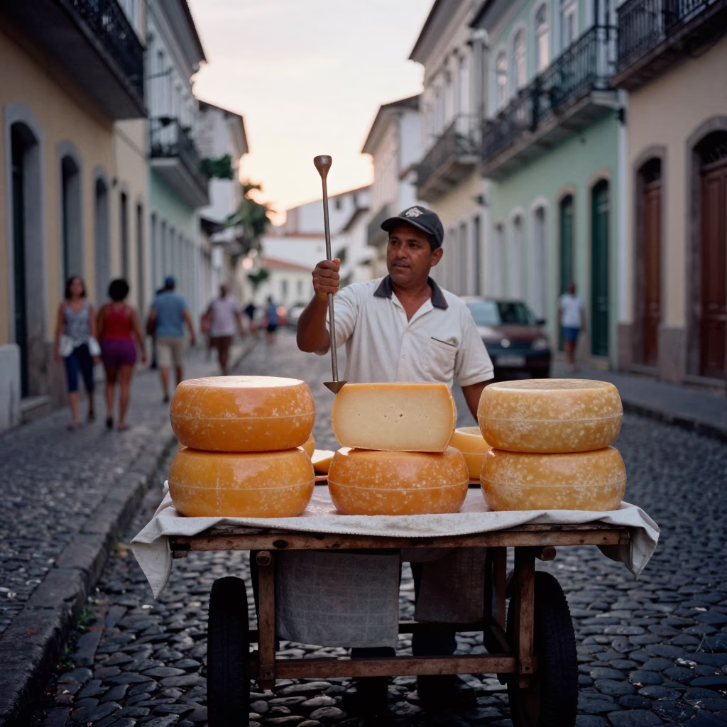 Pre-dawn street vendor in Salvador Brazil selling cheese wheels and taper candles in in Salvador, Brazil