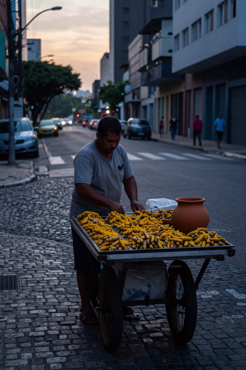 Pre-Dawn Street Vendor in São Paulo Brazil with Turmeric and Clay Pot in in São Paulo, Brazil